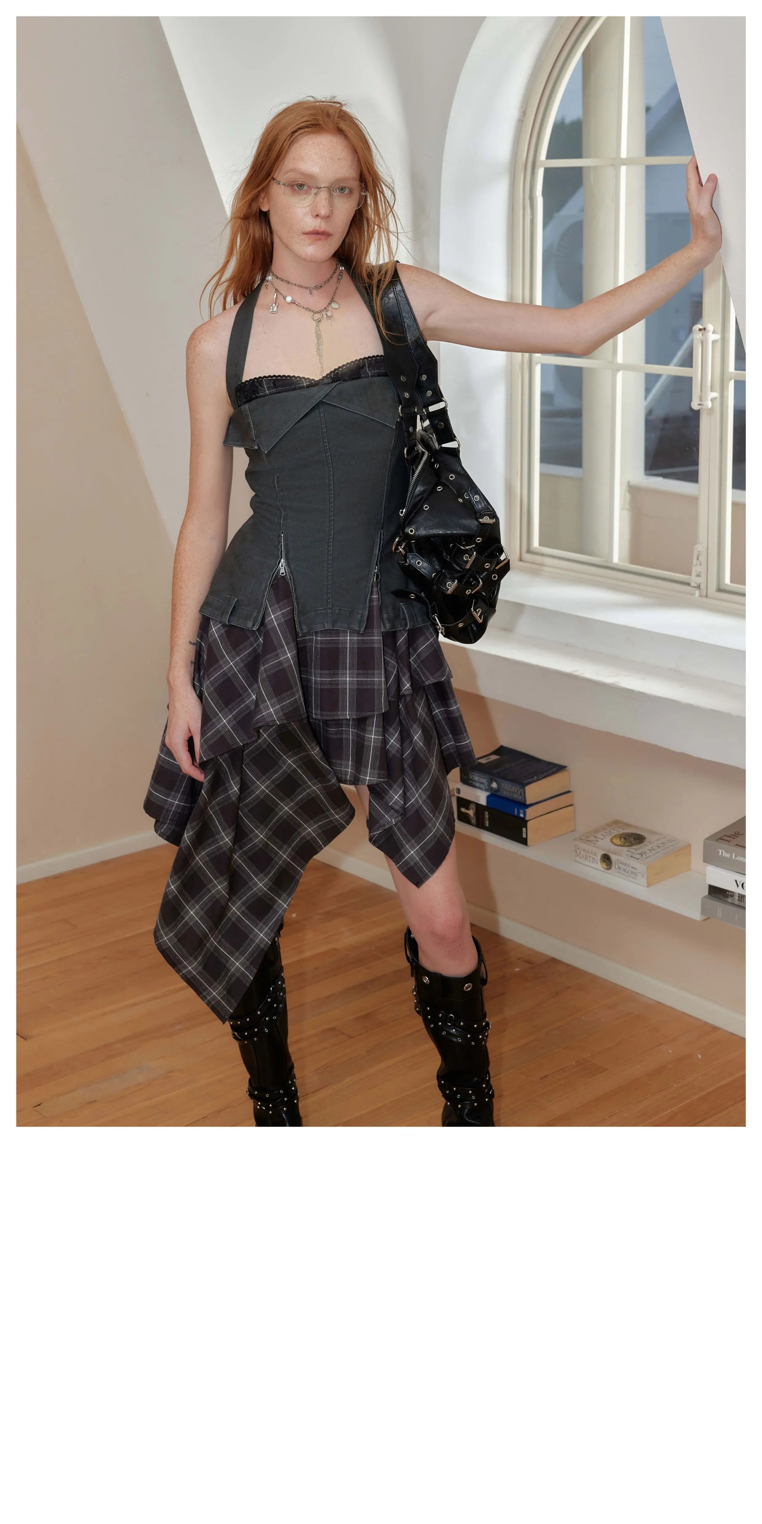 2th Desire Retro Old Checked Leather Neck Dress