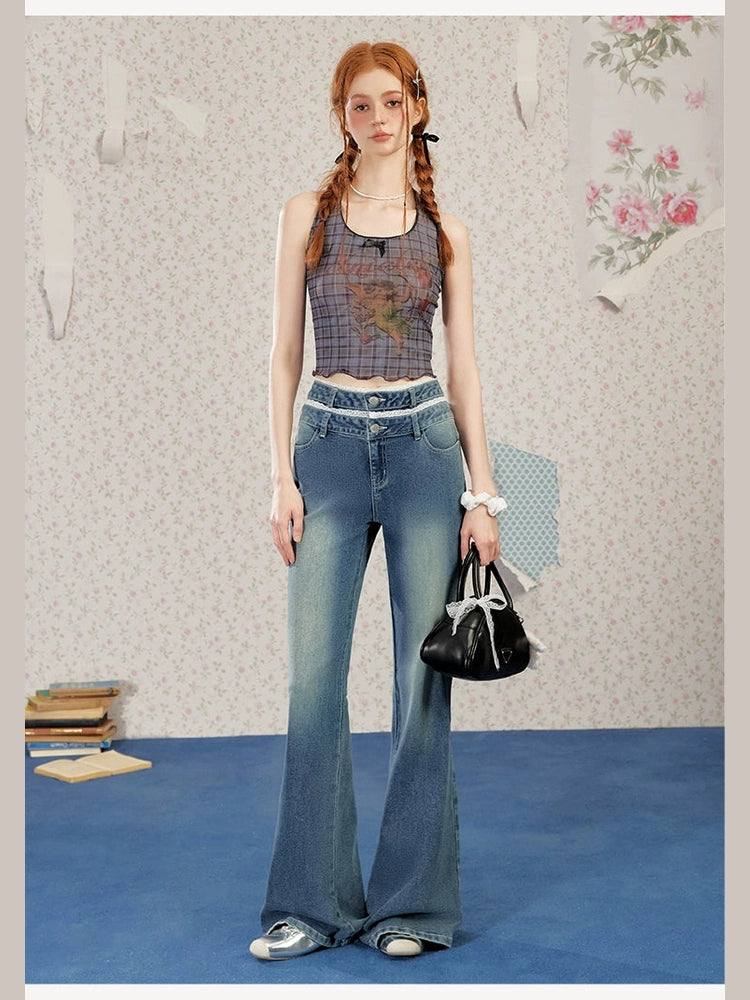 UNIFREE Double Waist Lace Stitching Slim Fit Jeans
