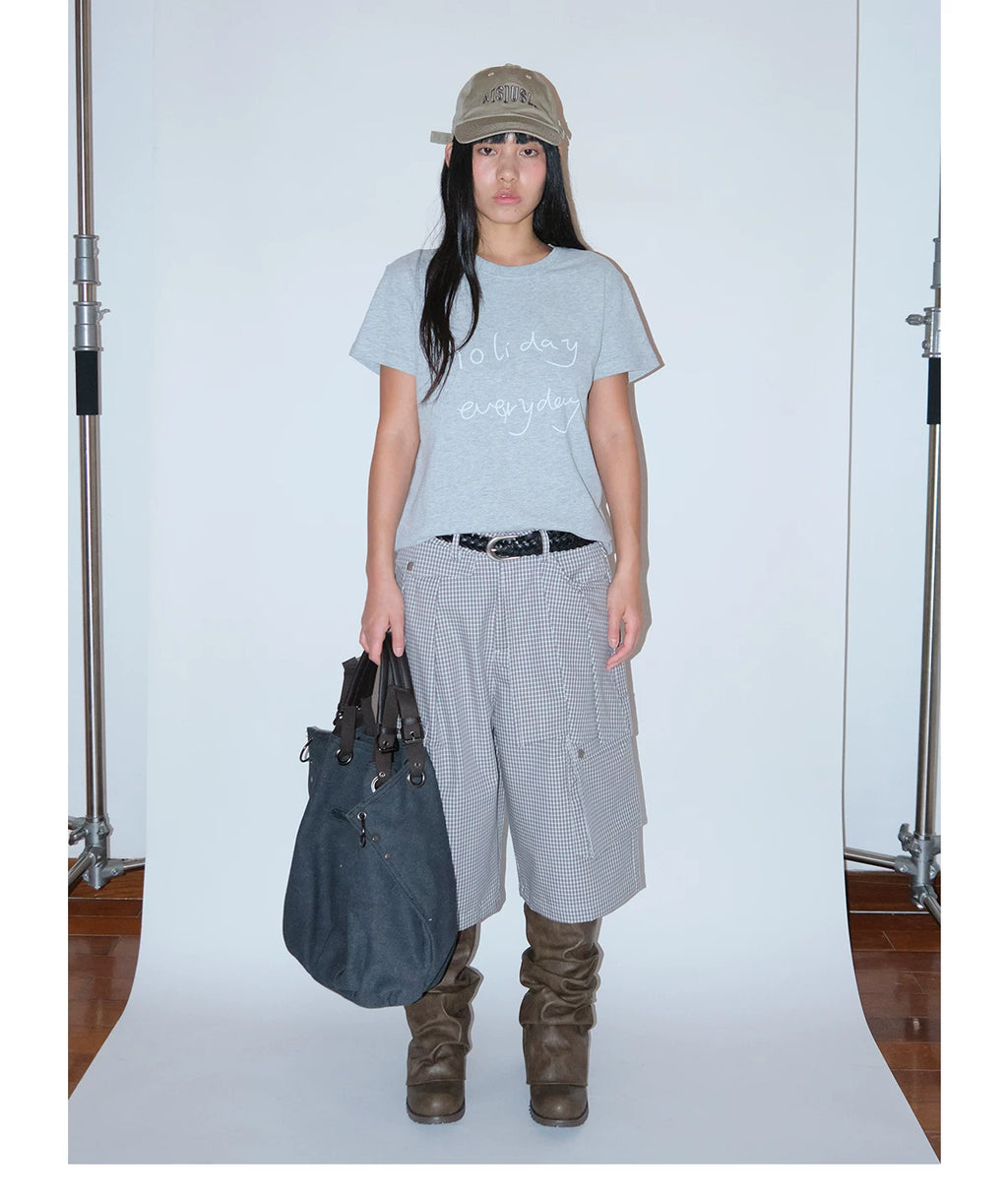 FUNKYFUN Plaid Multi-pocket Wide-leg Six-point Pants