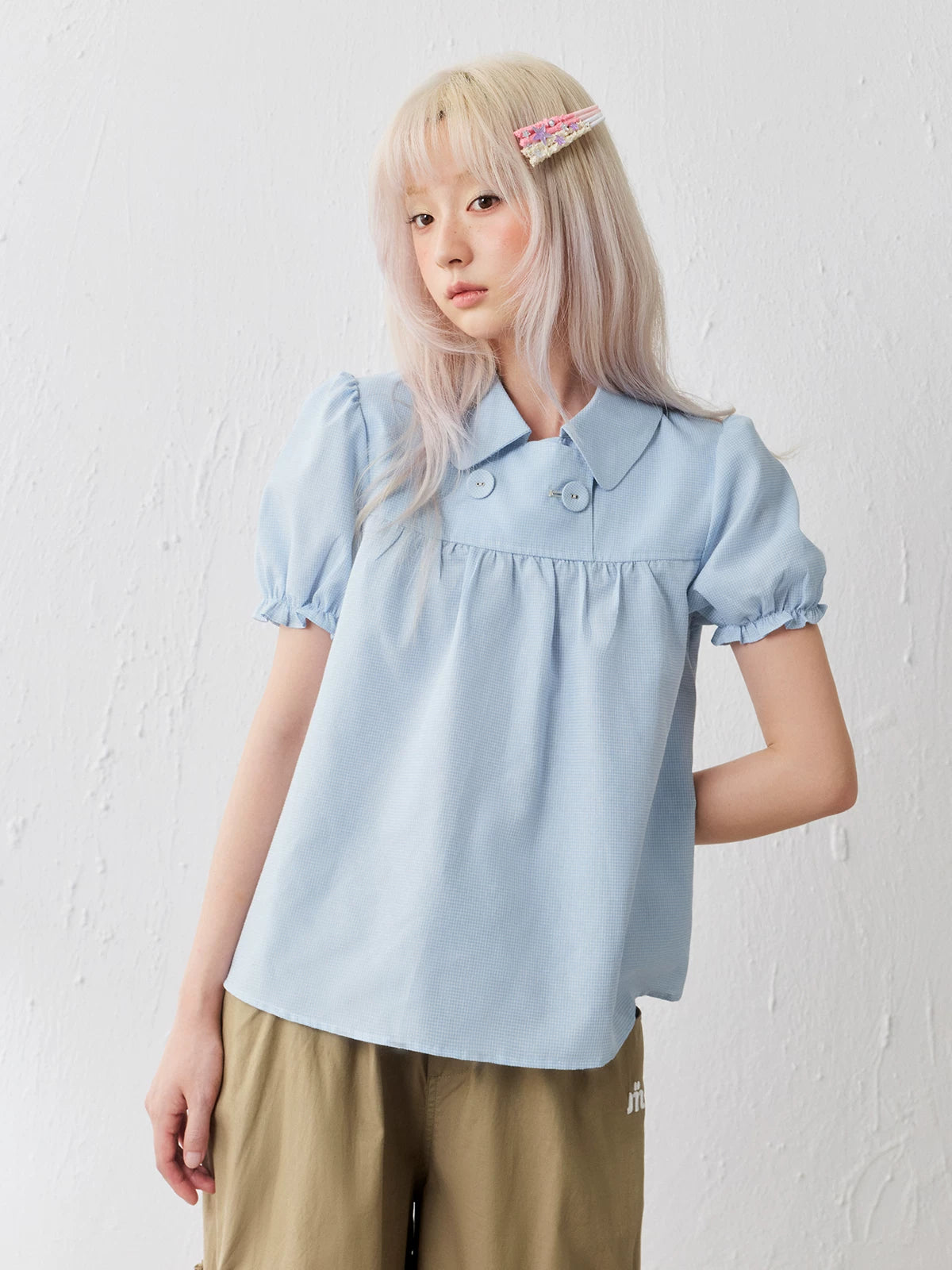 MASOOMAKE Doll Collar Bubble Sleeve Breathable Loose Tee