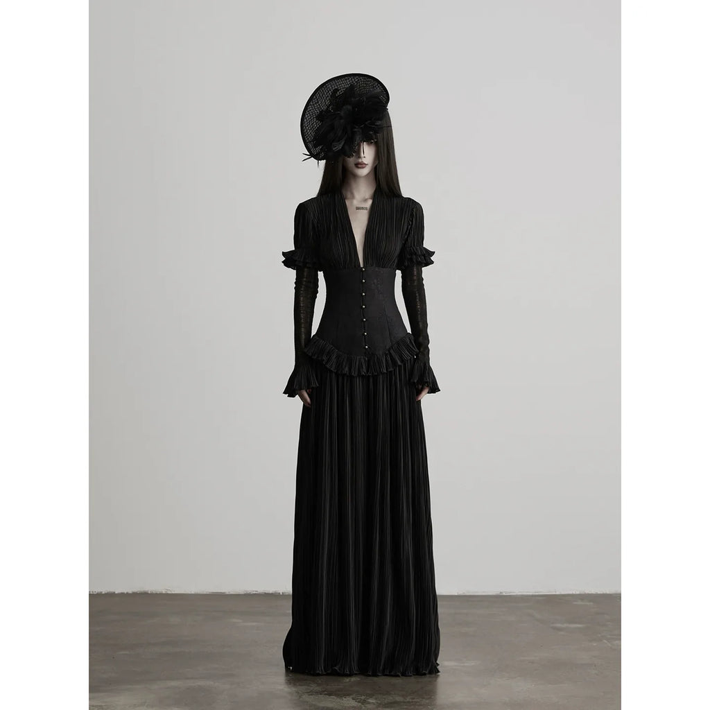 INDULGE Deep V Pleated Embellished Waist-Cinching Draped Dress