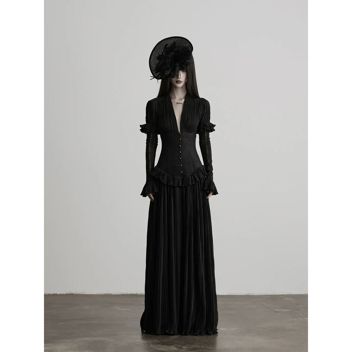 INDULGE Deep V Pleated Embellished Waist-Cinching Draped Dress