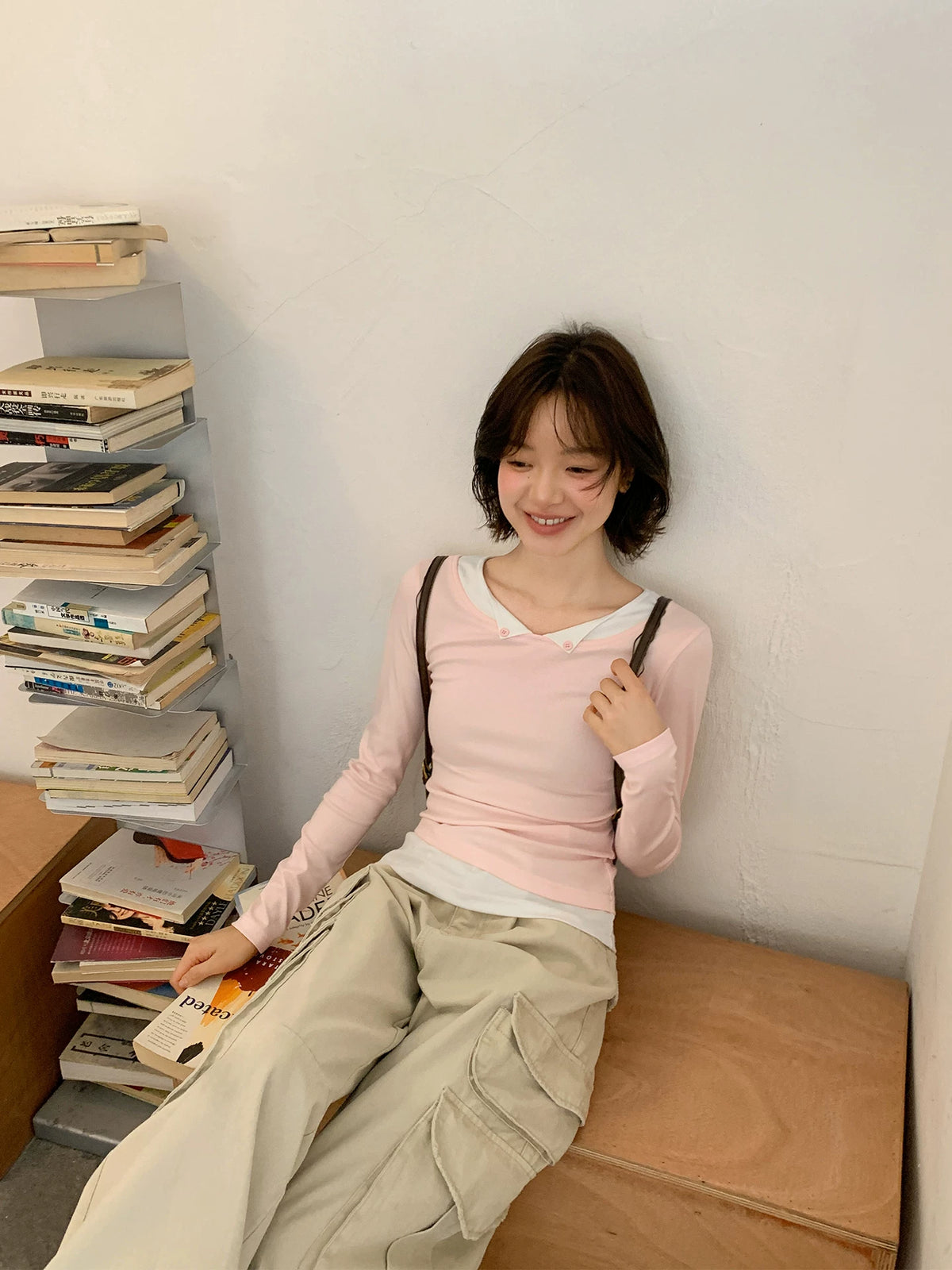 KANO Faux-Layered Long-Sleeve Turn-Down Collar Tee