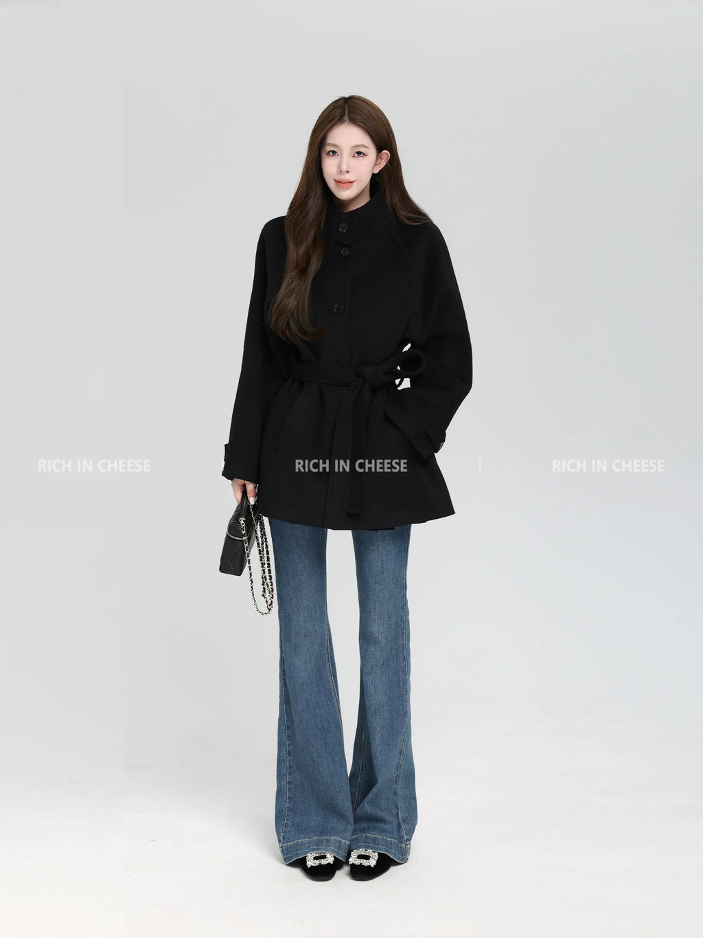 RICH IN CHEESE Short Stand-up Collar Waist Jacket