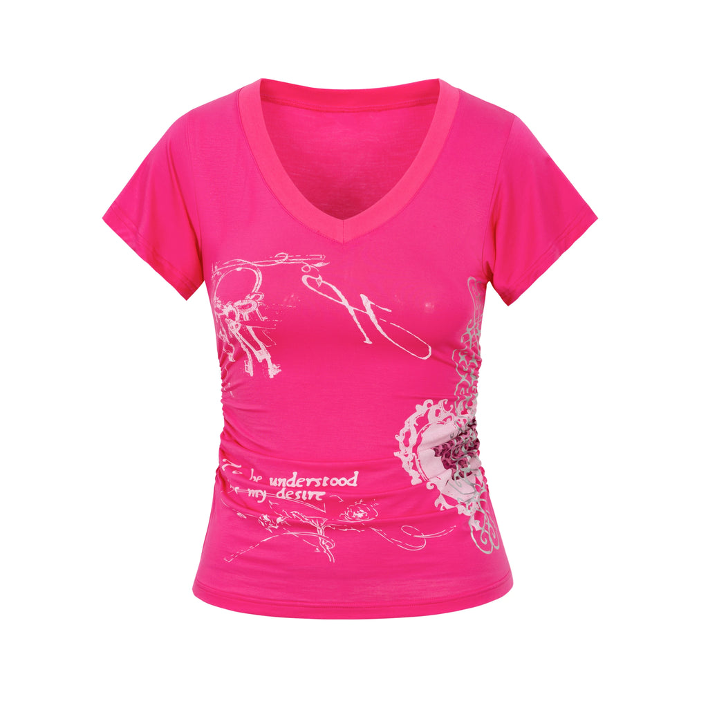 Yawhat Vintage Foil-Stamp V-Neck Cinched Flutter Tee
