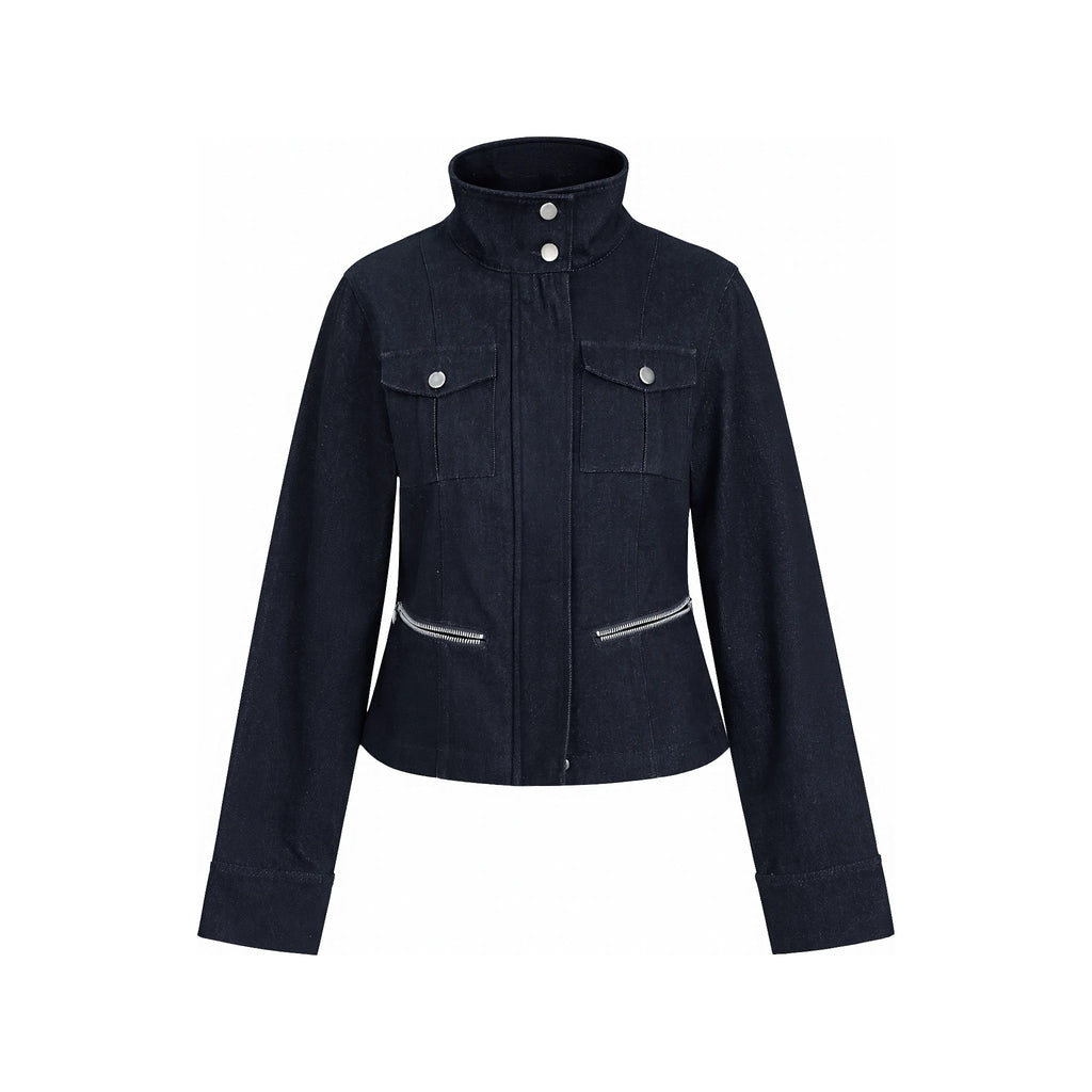 JIKOO Cool Raw Denim Stand-Collar Cropped Jacket and Skirt Set