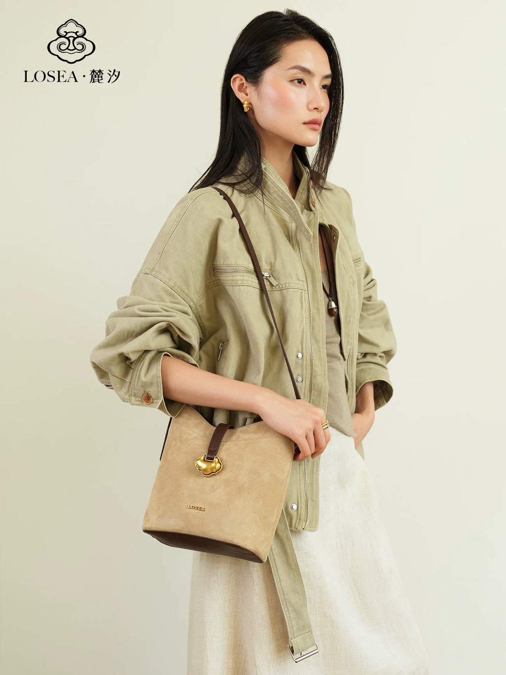 LOSEA Leather Velvet Splicing Bucket Bag