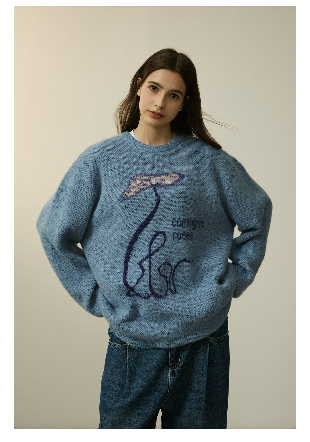 LR MADE Line Floral Warm Crew Neck Sweater Knitted Sweater