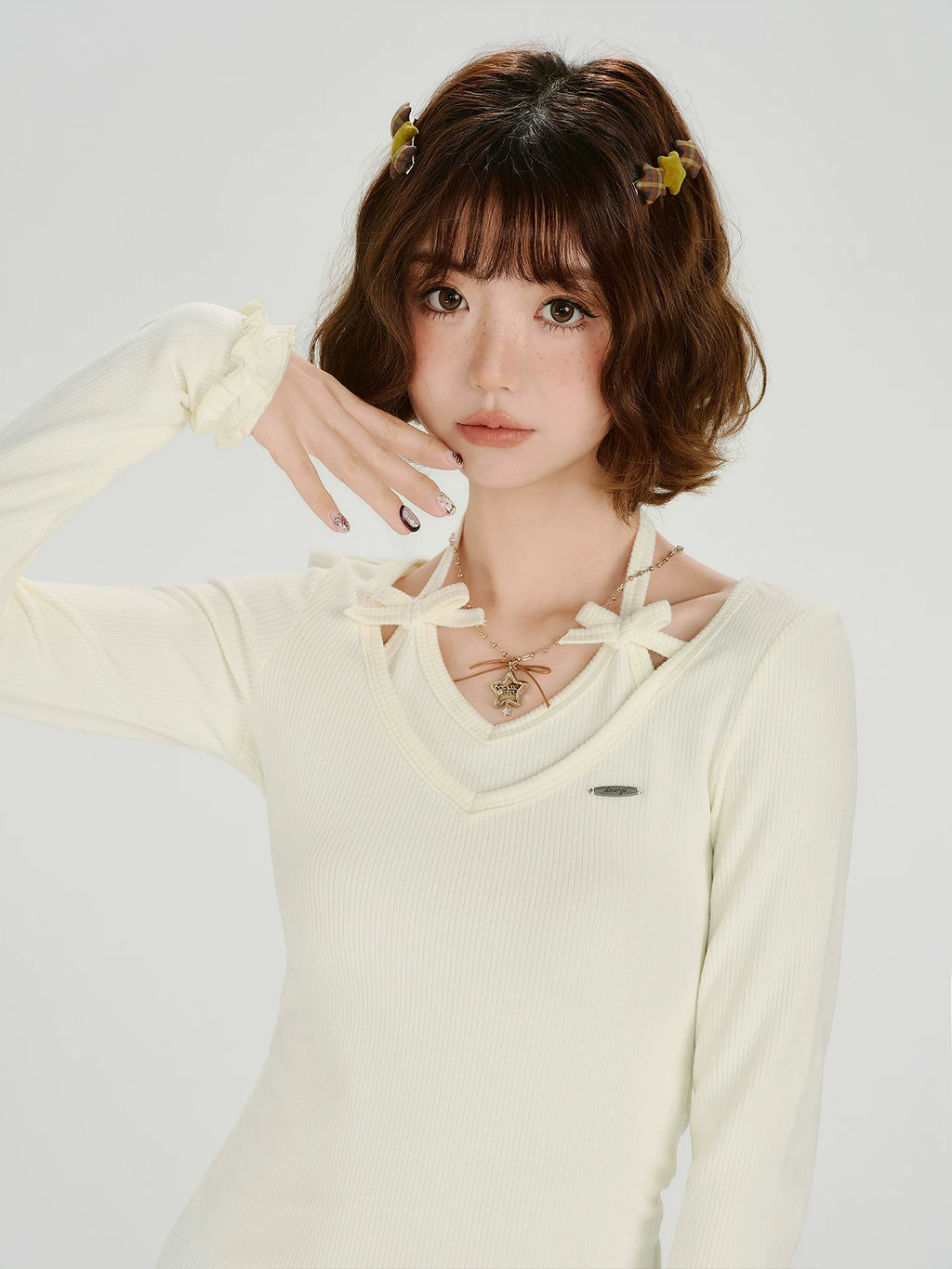 Girlyhalo Vintage Fake Two Piece Neck Slim Long Sleeve