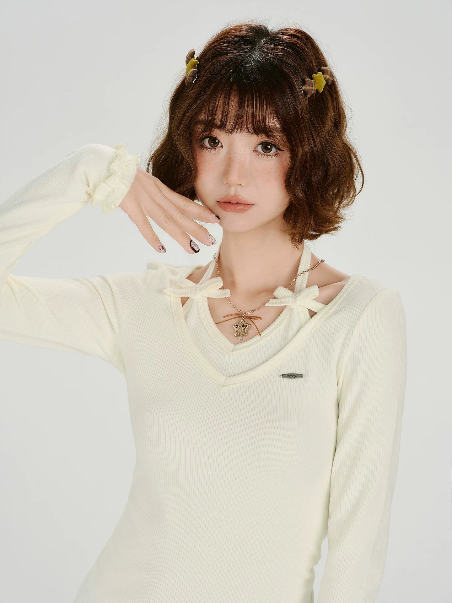 Girlyhalo Vintage Fake Two Piece Neck Slim Long Sleeve
