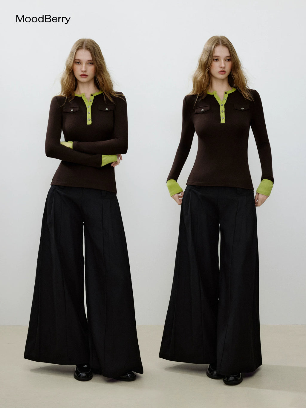MoodBerry Brown-Green Contrast Slim Fit Long-Sleeve Tee