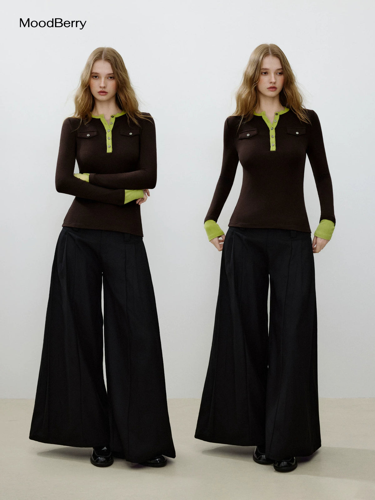 MoodBerry Brown-Green Contrast Slim Fit Long-Sleeve Tee