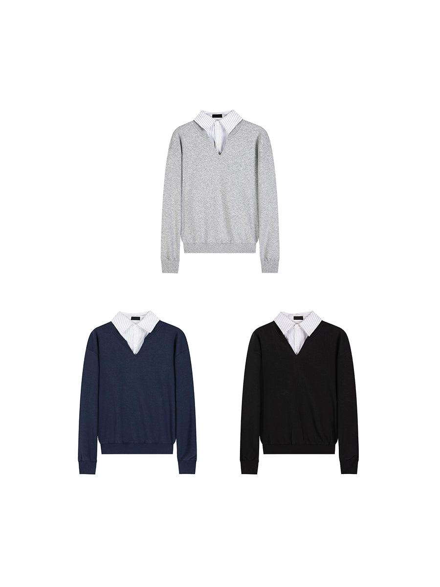 PLUS NO LOGO Fake Two-piece Striped V-neck Solid Color Sweater