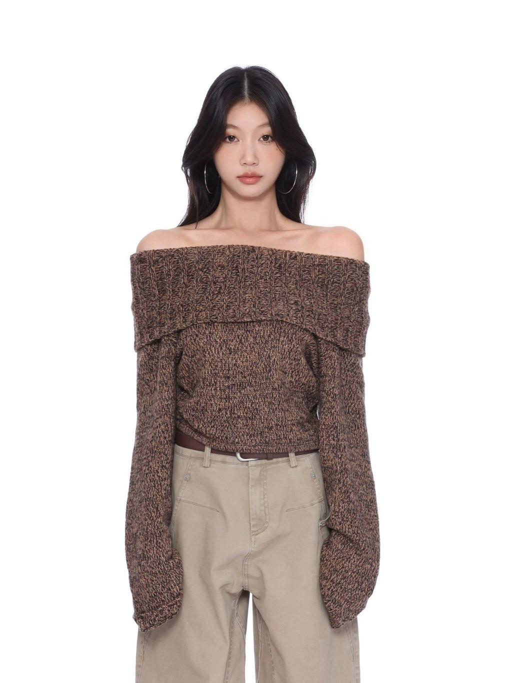 WITHMIN One-word Collar High-end Sense Versatile and Thin Knitted Sweater
