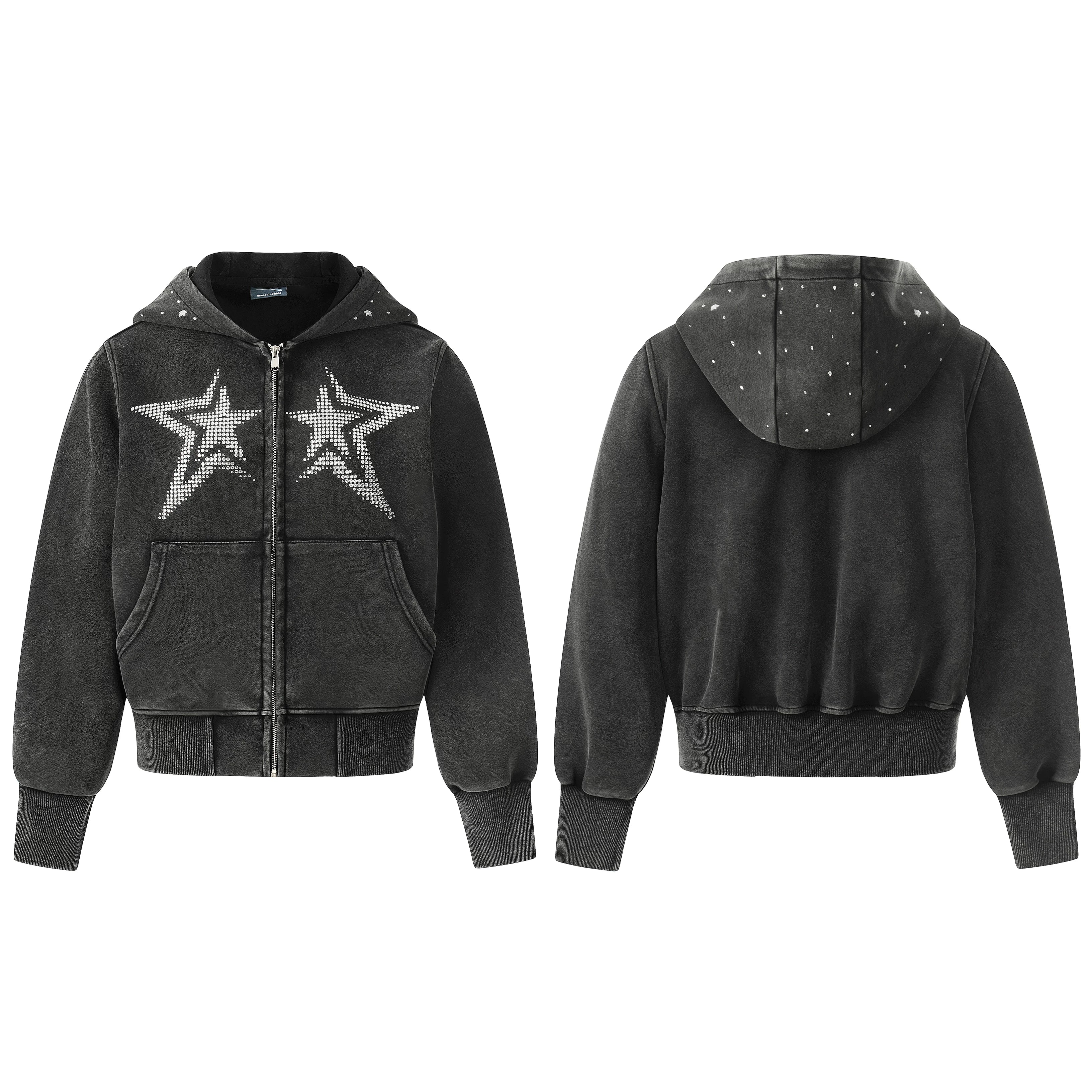 NOMANIAI Washed Hot Diamond Slim Fit Hooded Zipper Jacket