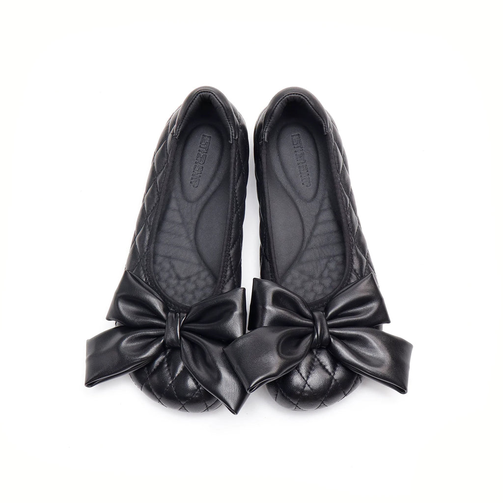 ASTHER Quilted Leather Bow Round-Toe Ballet Flat