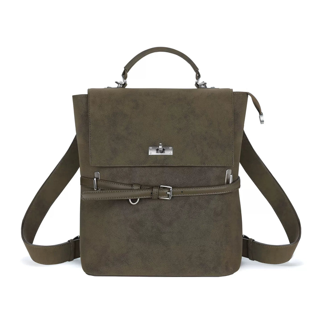 JANDRESS Moss Green Faux Leather Zip-Top -Way Backpack