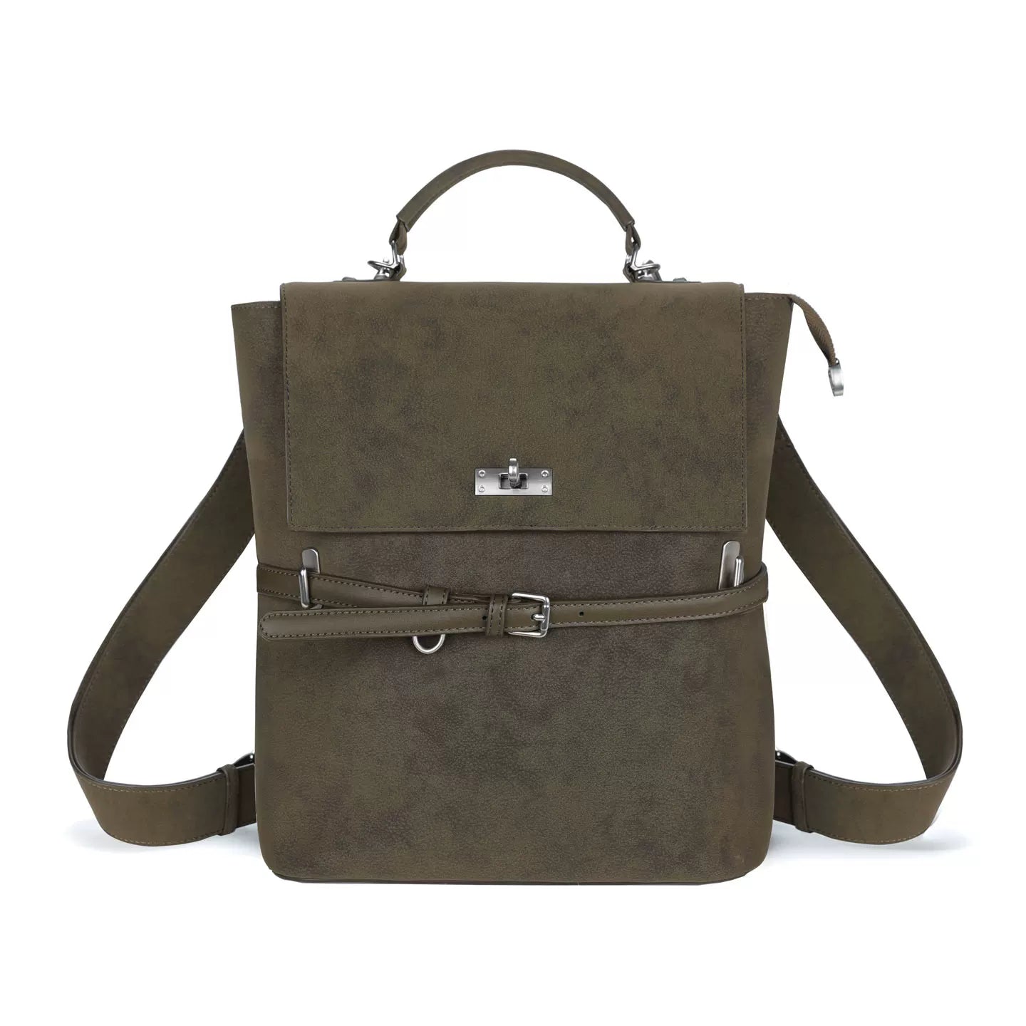 JANDRESS Moss Green Faux Leather Zip-Top -Way Backpack