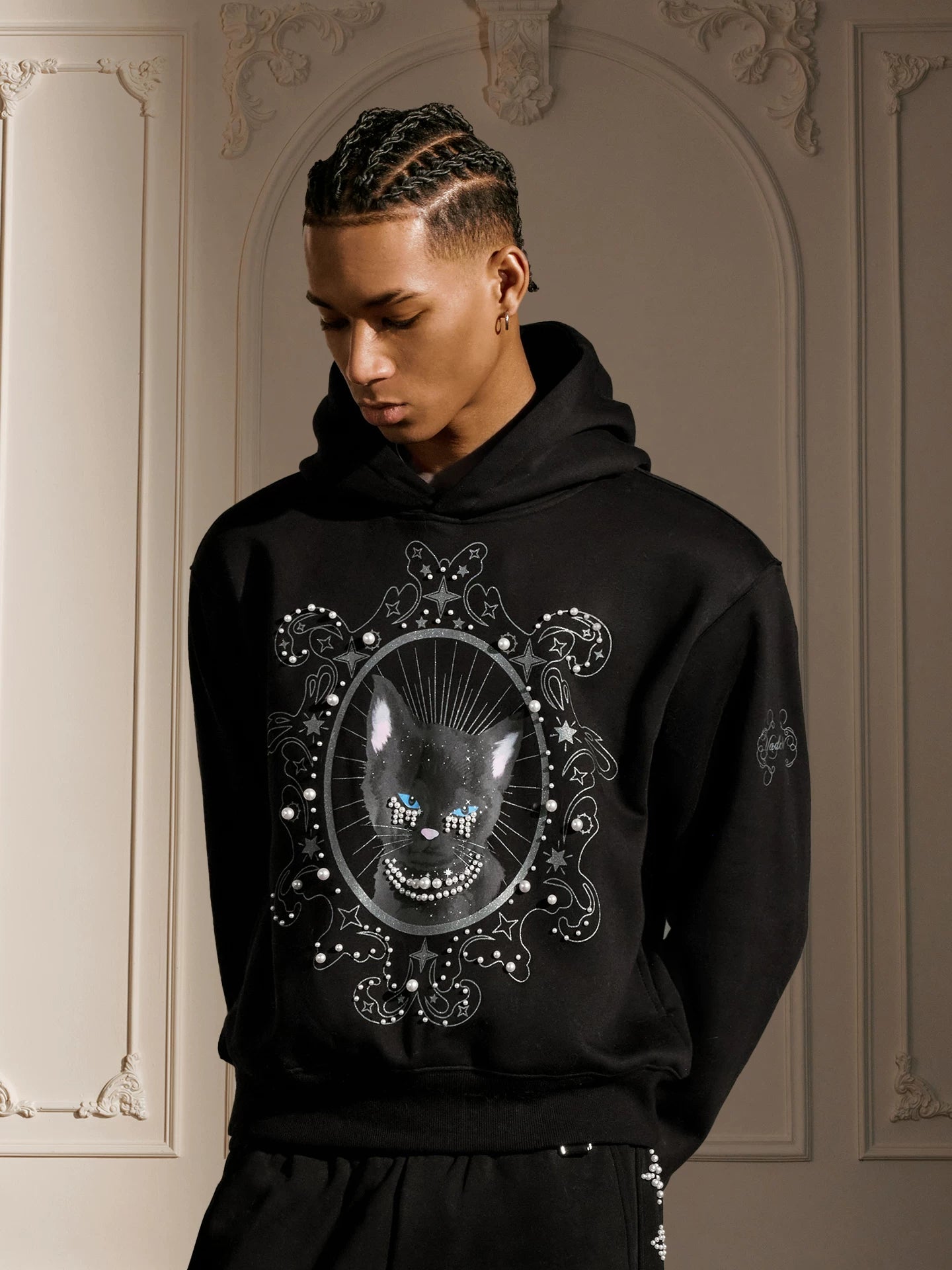YADcrew Cat Print Hooded Sweater