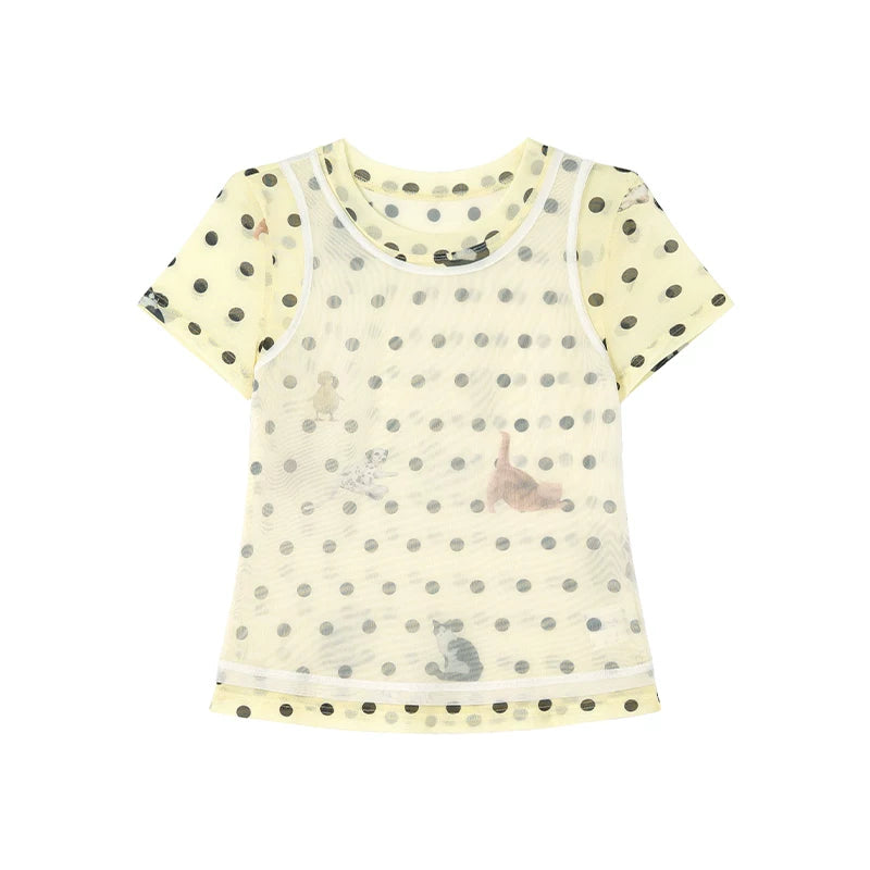 KANO Faux Two-Layer Polka Dot Cropped Slim-Fit Tee
