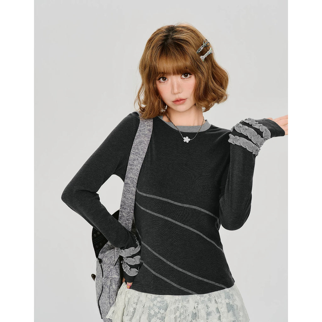 Girlyhalo Contrast Trim Ruffle Long-Sleeve Slim Fit Tee