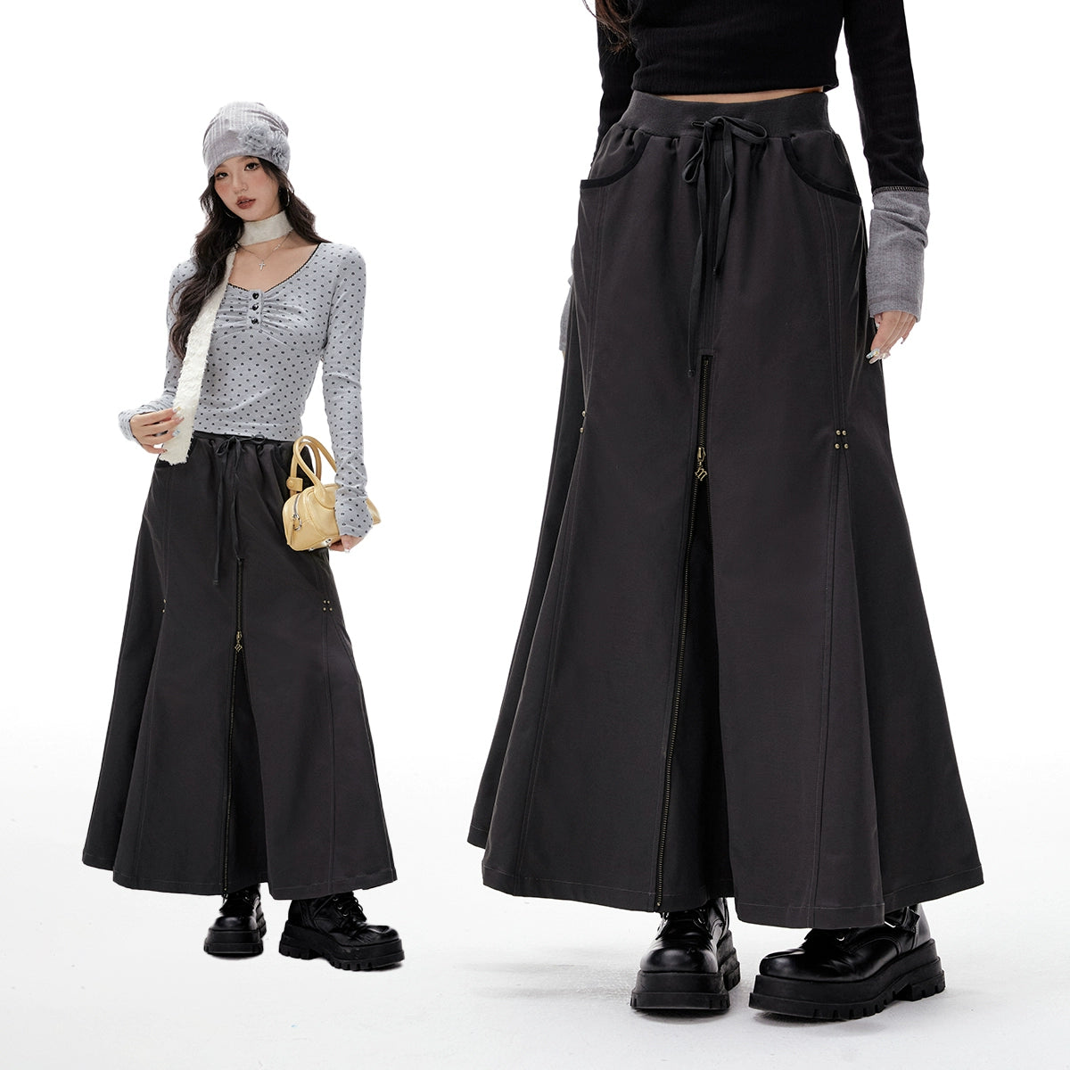 IMONE Adjustable Zipper Elastic Waist Tooling Skirt