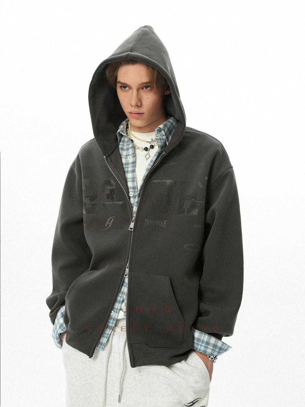 JHYQ Retro Letter Print Hooded Cardigan