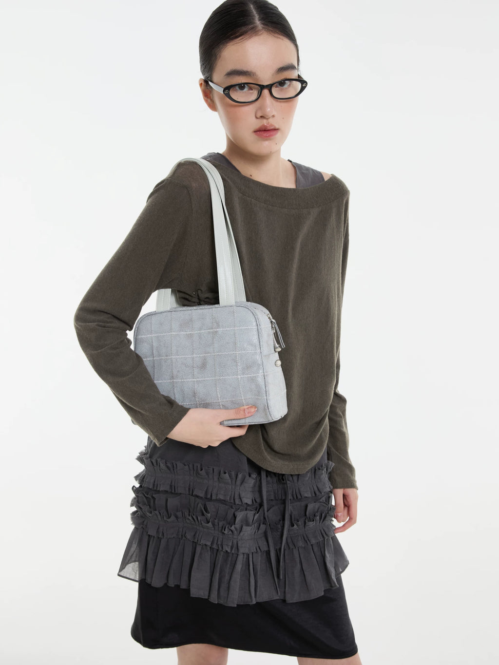 DIRTY SIX Gray Woven Fabric Zip-Top Shoulder Bag