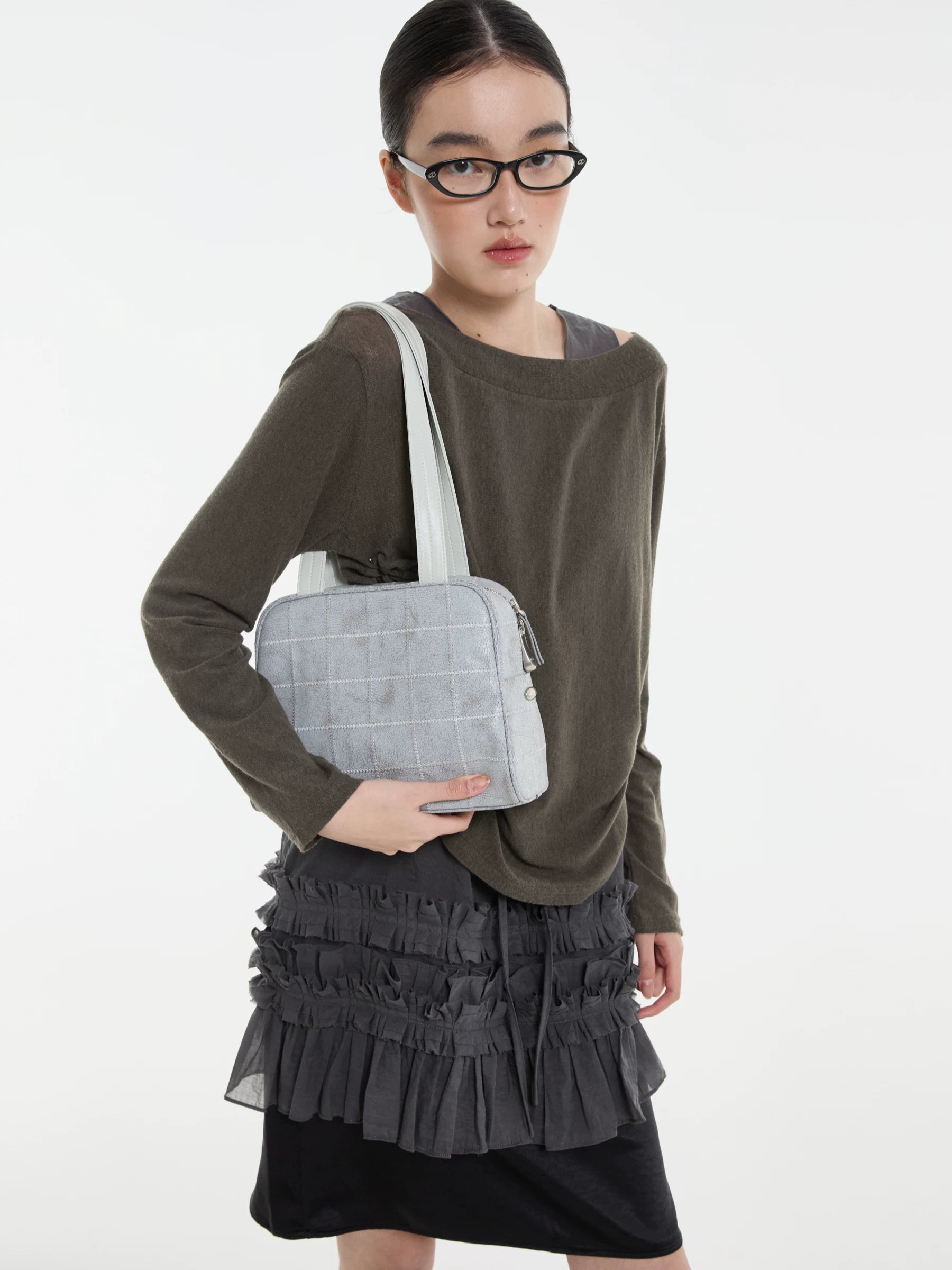 DIRTY SIX Gray Woven Fabric Zip-Top Shoulder Bag