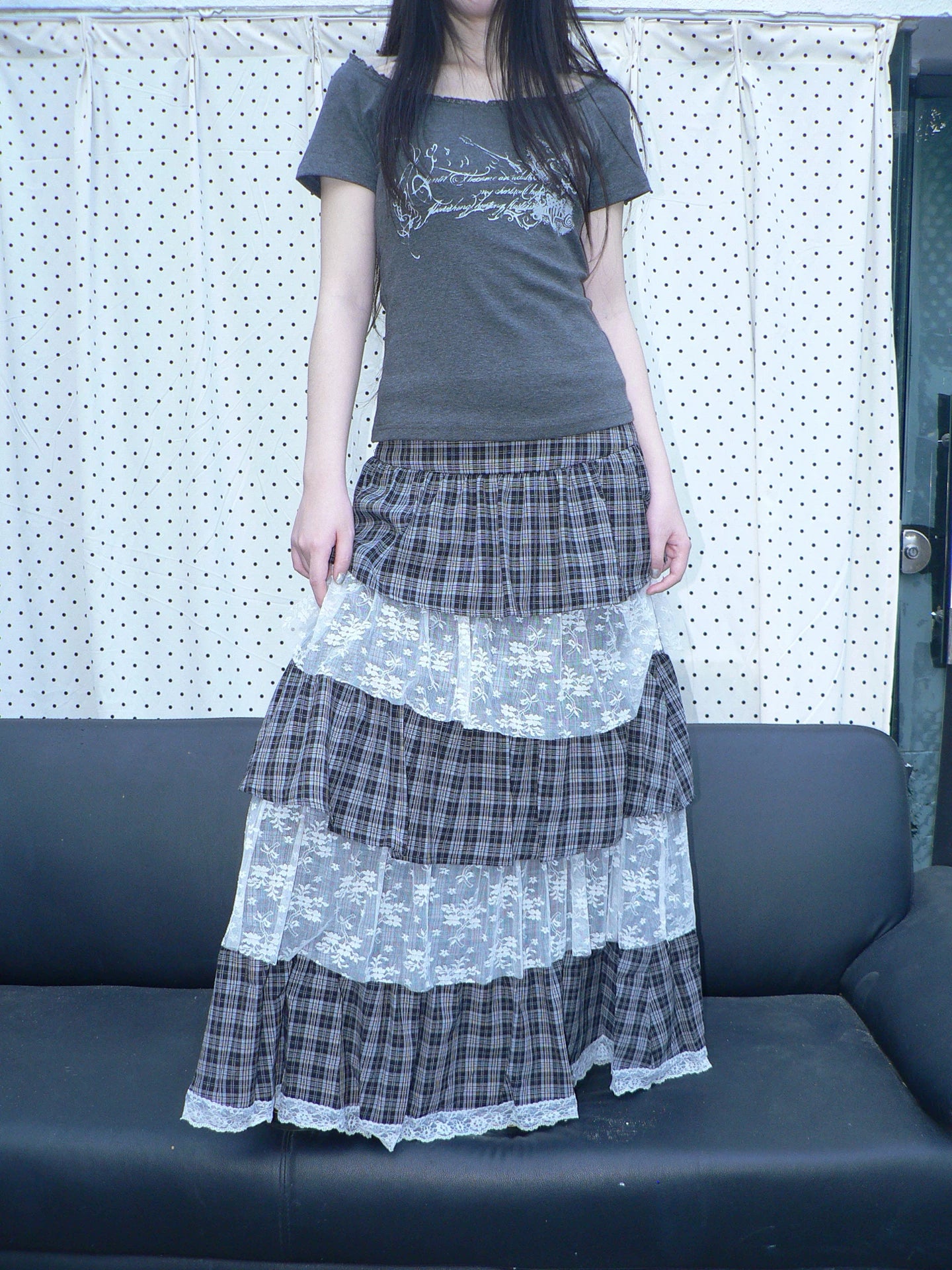 Ang:project Plaid Paneled Floral Mesh Maxi Skirt