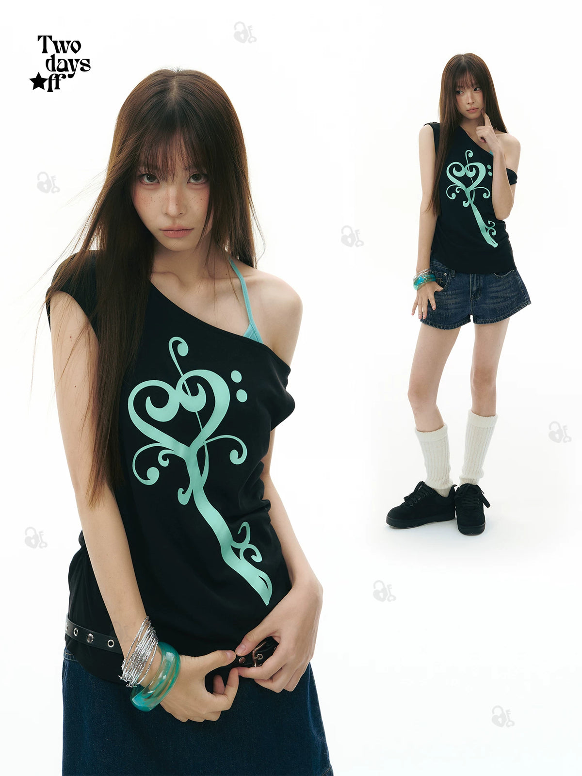 Two days off lab Weekend Key Print Slim Fit Asymmetric Tank Top
