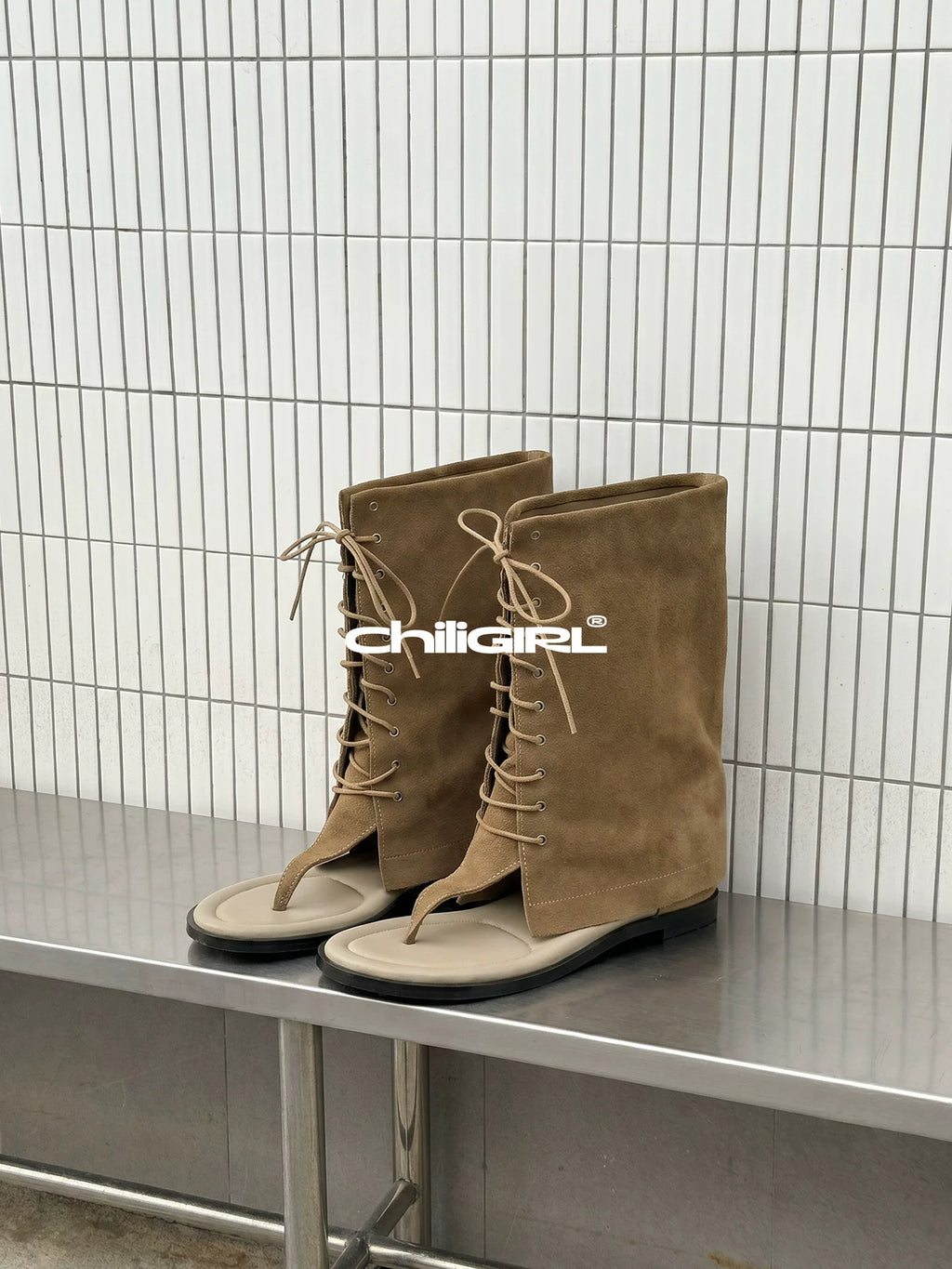 CHILIGIRL Suede Cross-Strap Mid-Calf Western Boot