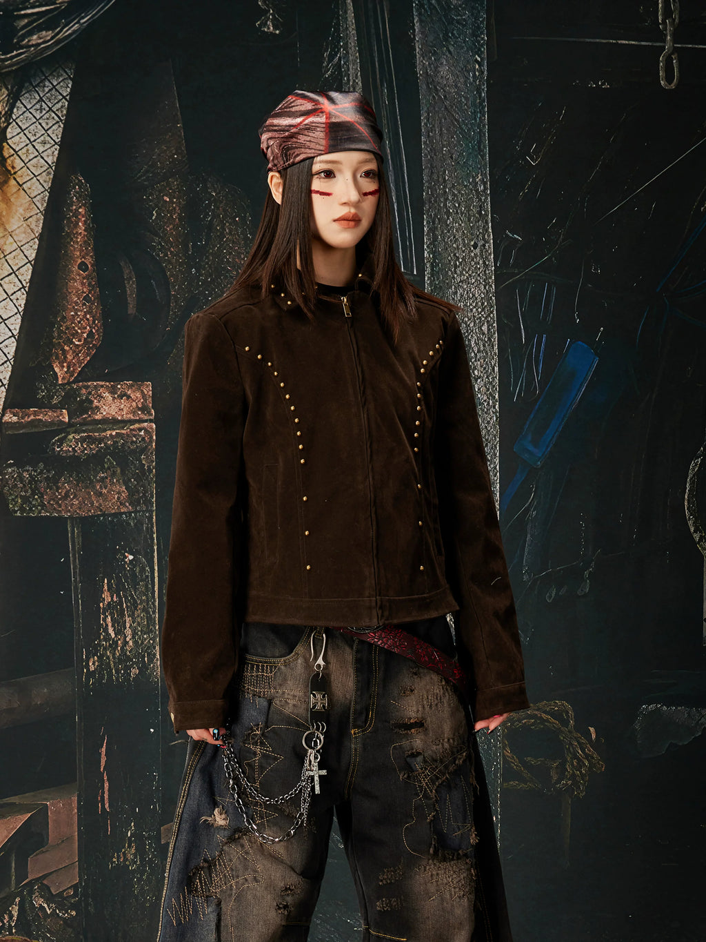 NOMANIAI Fleece Vintage Slim-fit Rivet Stand-up Neck Zipper Jacket