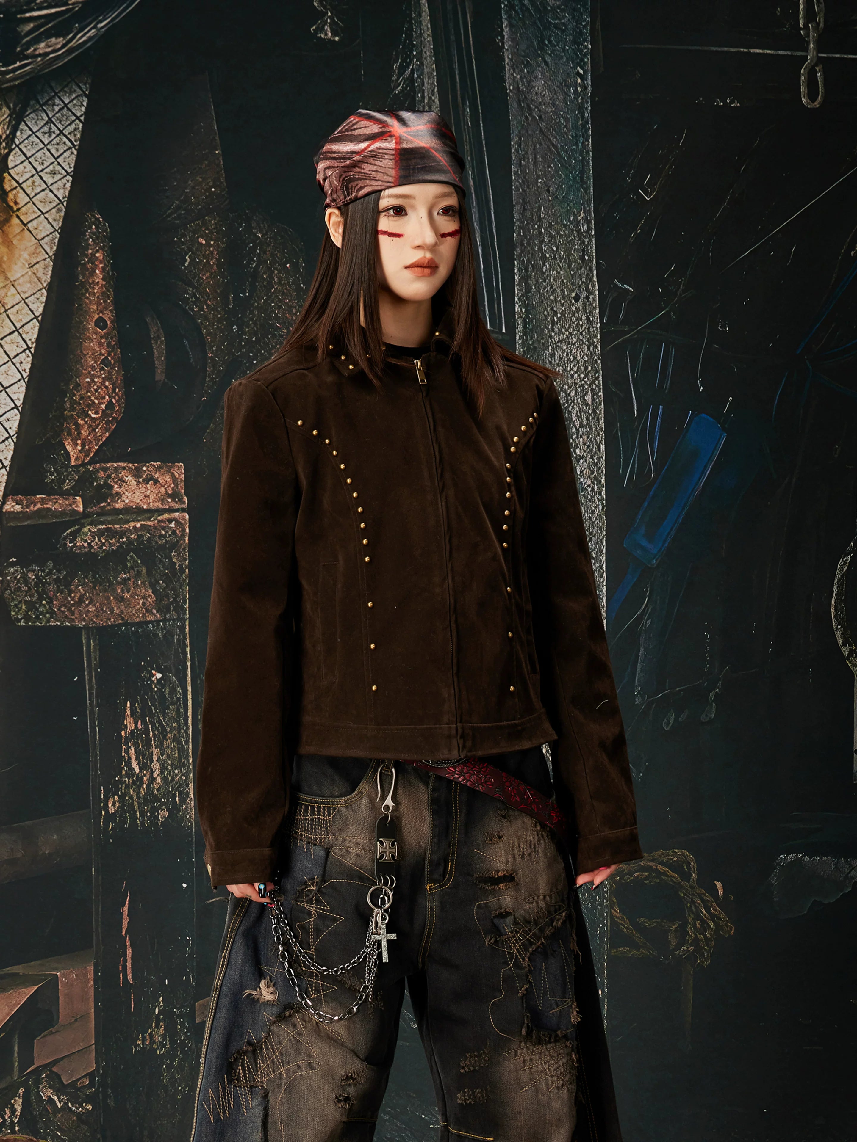 NOMANIAI Fleece Vintage Slim-fit Rivet Stand-up Neck Zipper Jacket