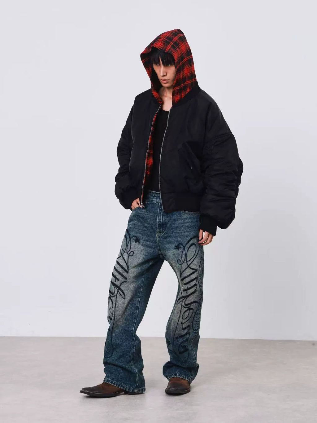 DETW Embroidered Print Vintage Loose Straight Jeans