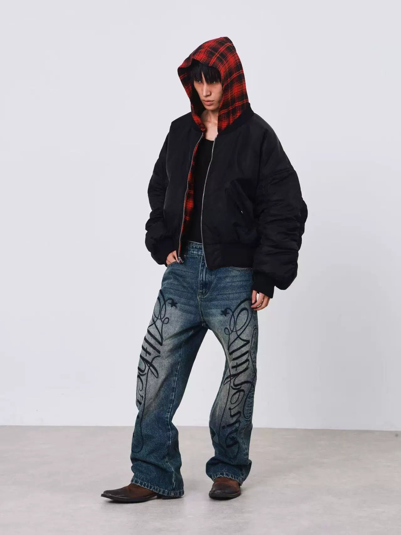DETW Embroidered Print Vintage Loose Straight Jeans
