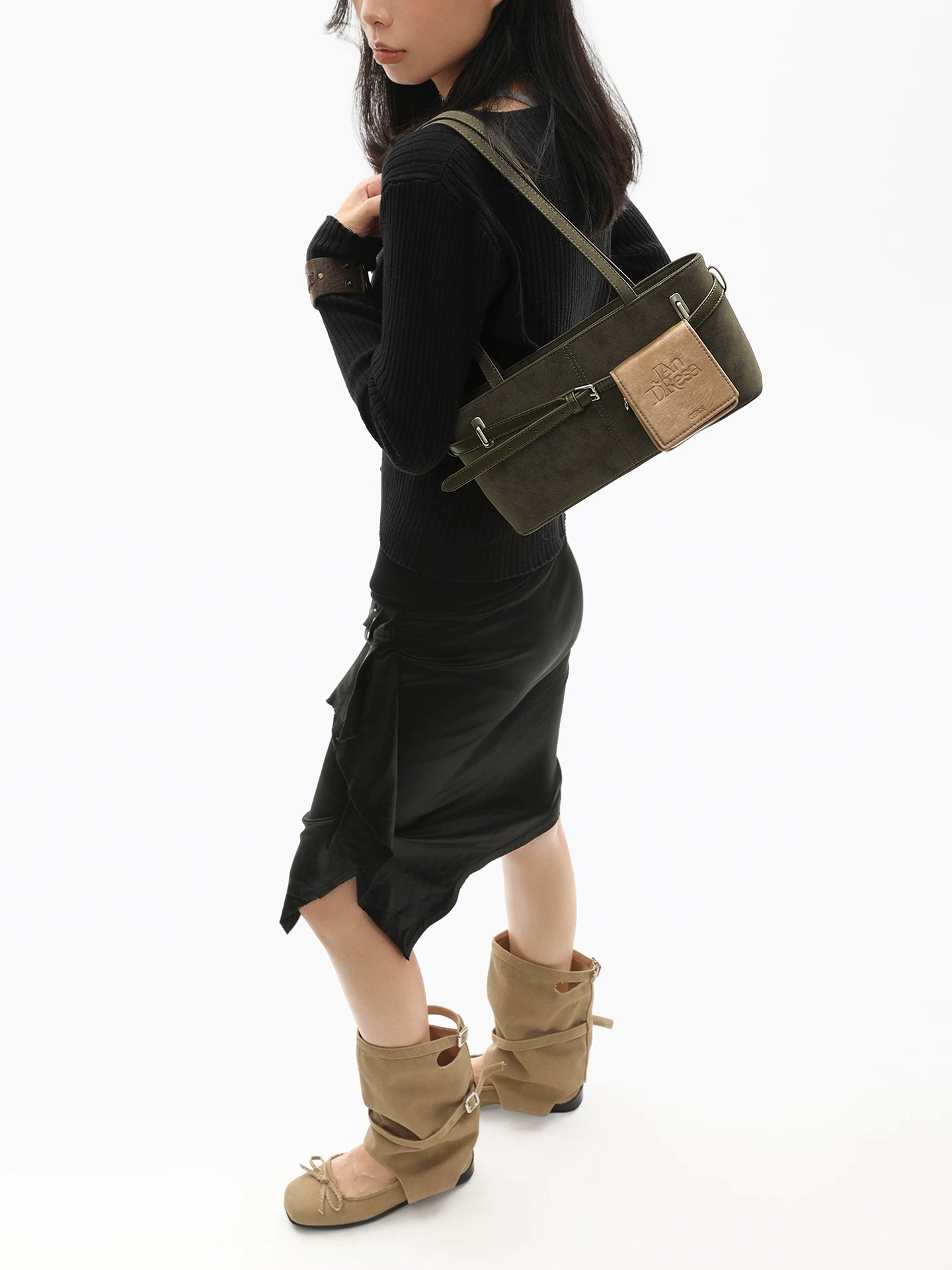 JANDRESS Moss Green Faux Leather Zip-Top Shoulder Bag