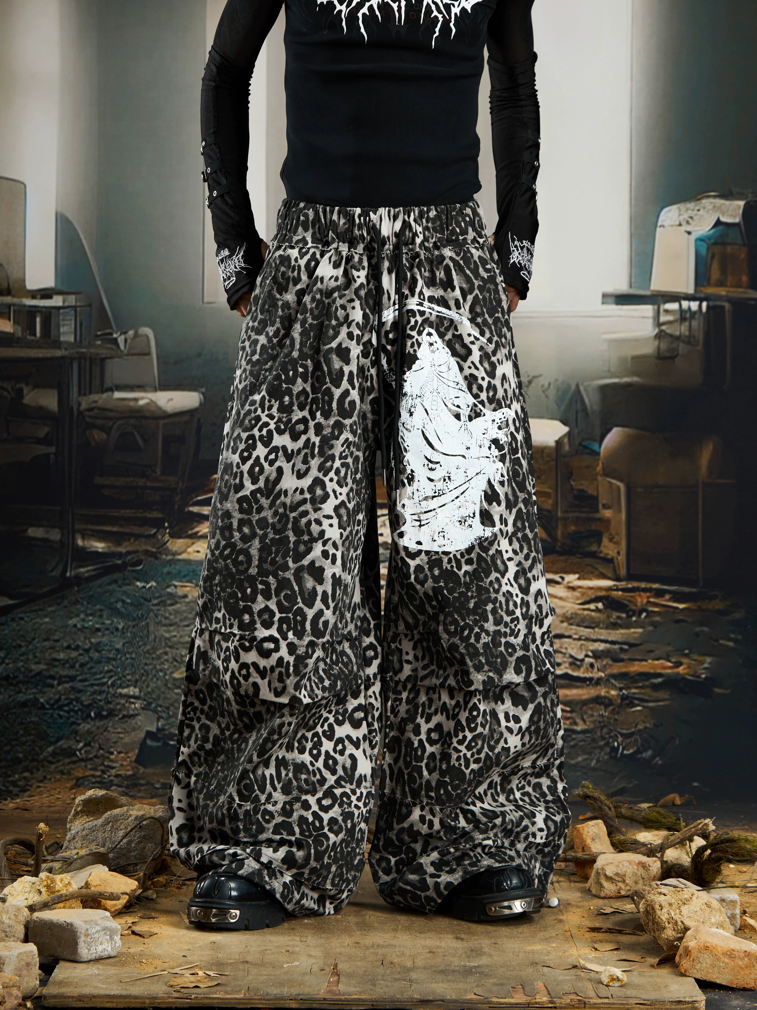 NOMANIAI Niche Leopard Print Loose-fitting Wide-leg Slacks
