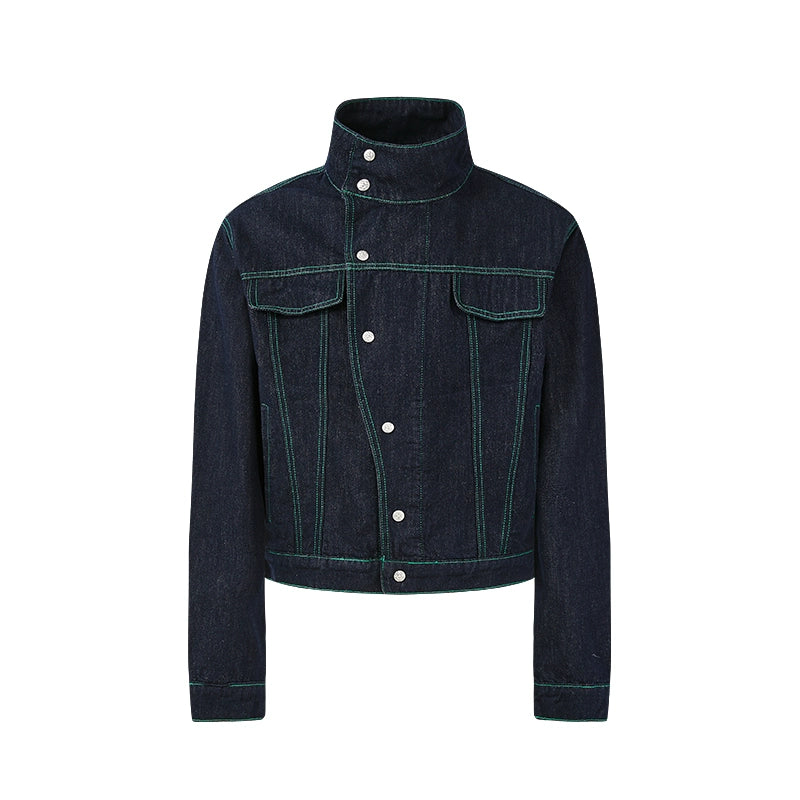 KREATE Contrasting Bright Line Diagonal Placket Stand-up Collar Denim Jacket
