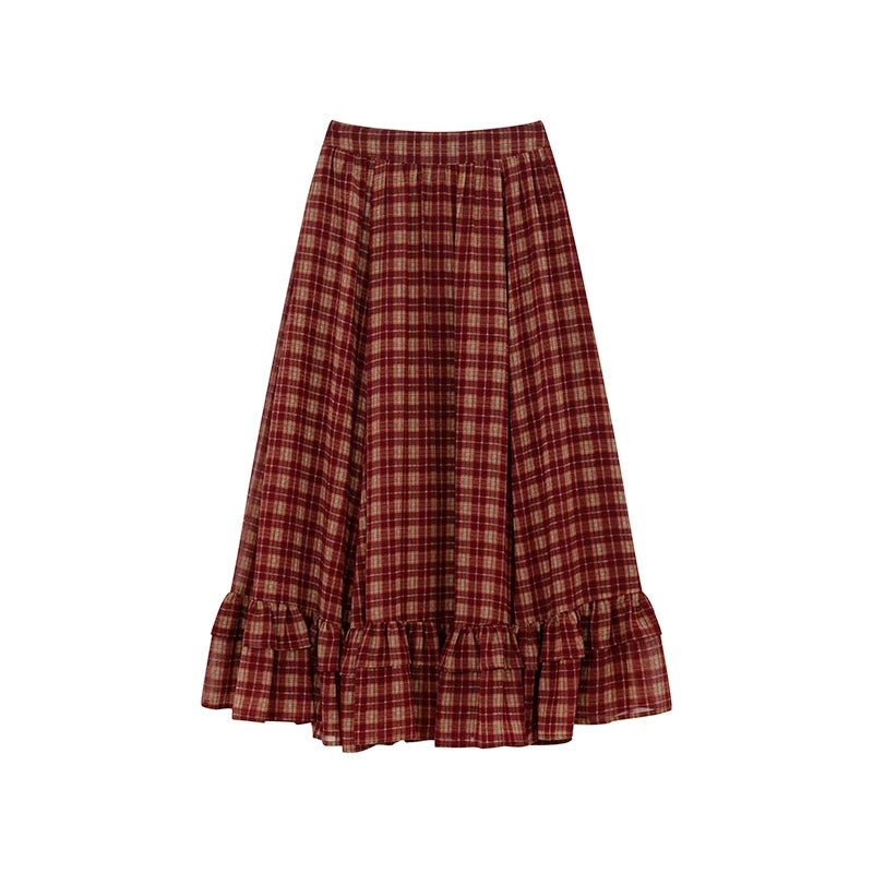 KANO Red Plaid High-Waist A-Line Midi Skirt