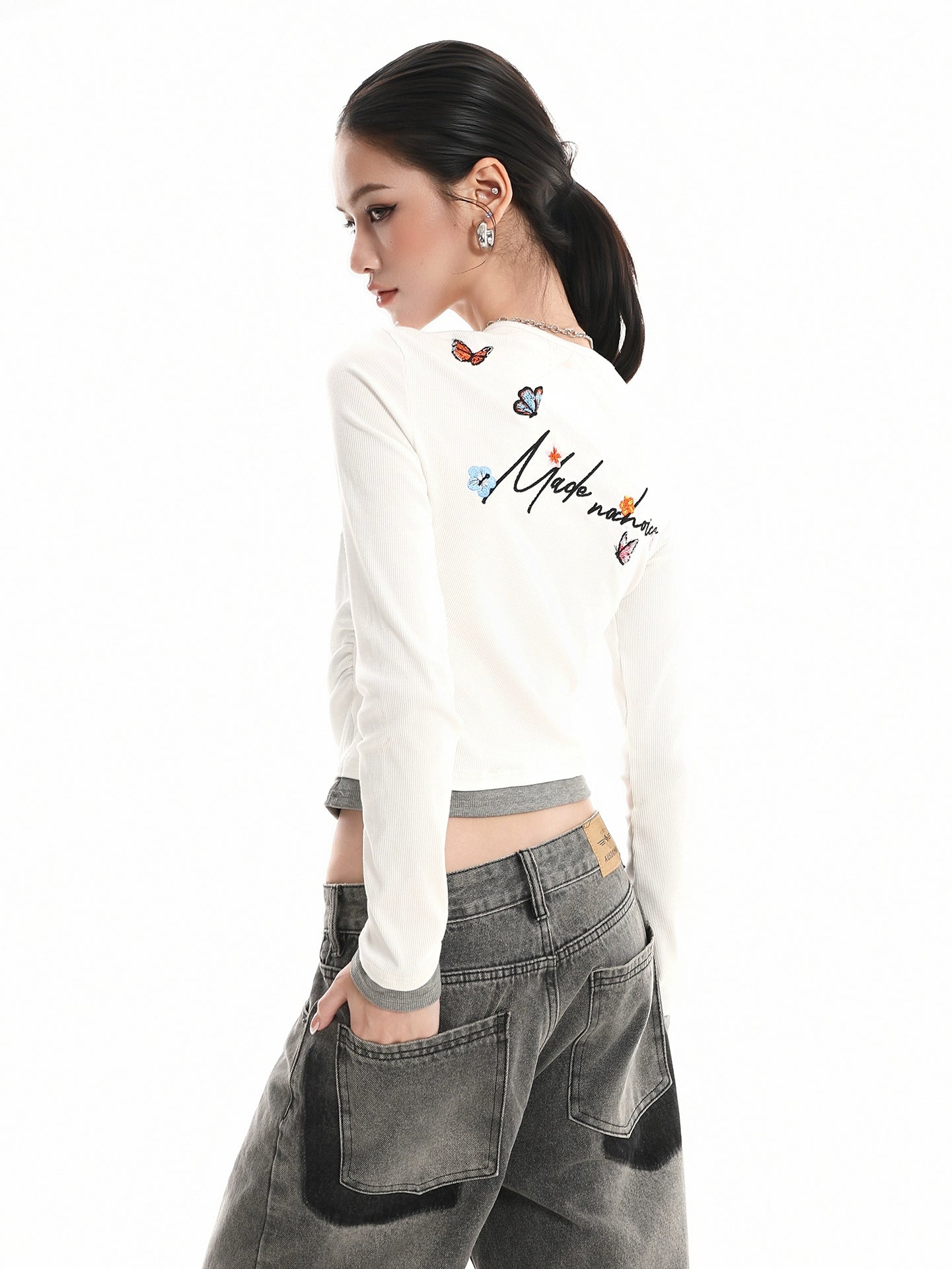 Kenvibe Vintage Alphabet Butterfly Embroidery Fake Two Piece Long Sleeve