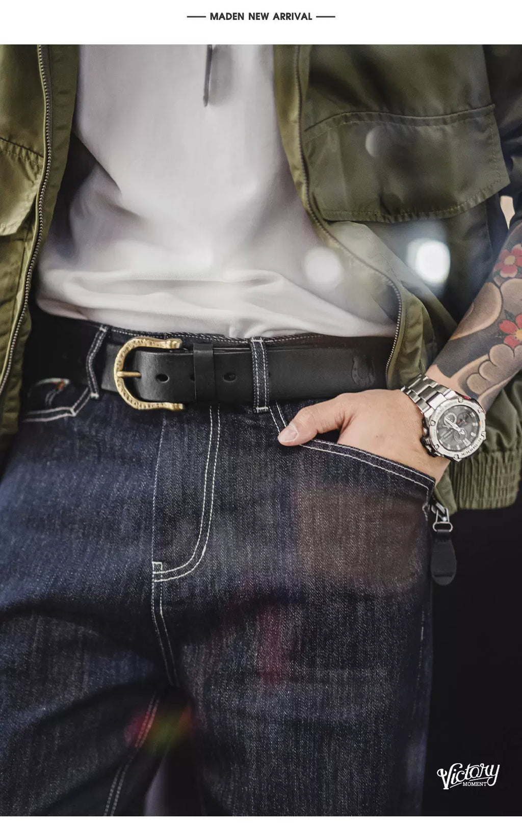 MADEN Brass Buckle 3.8cm Leather Belt