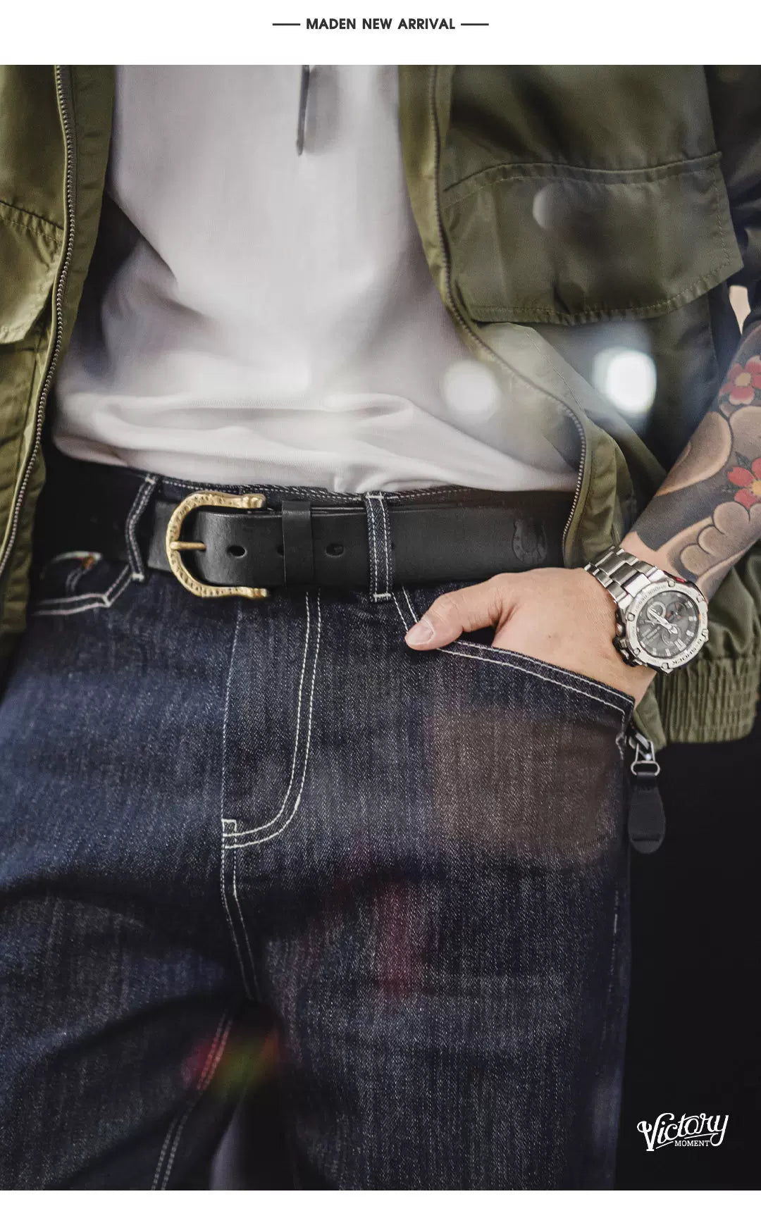 MADEN Brass Buckle 3.8cm Leather Belt