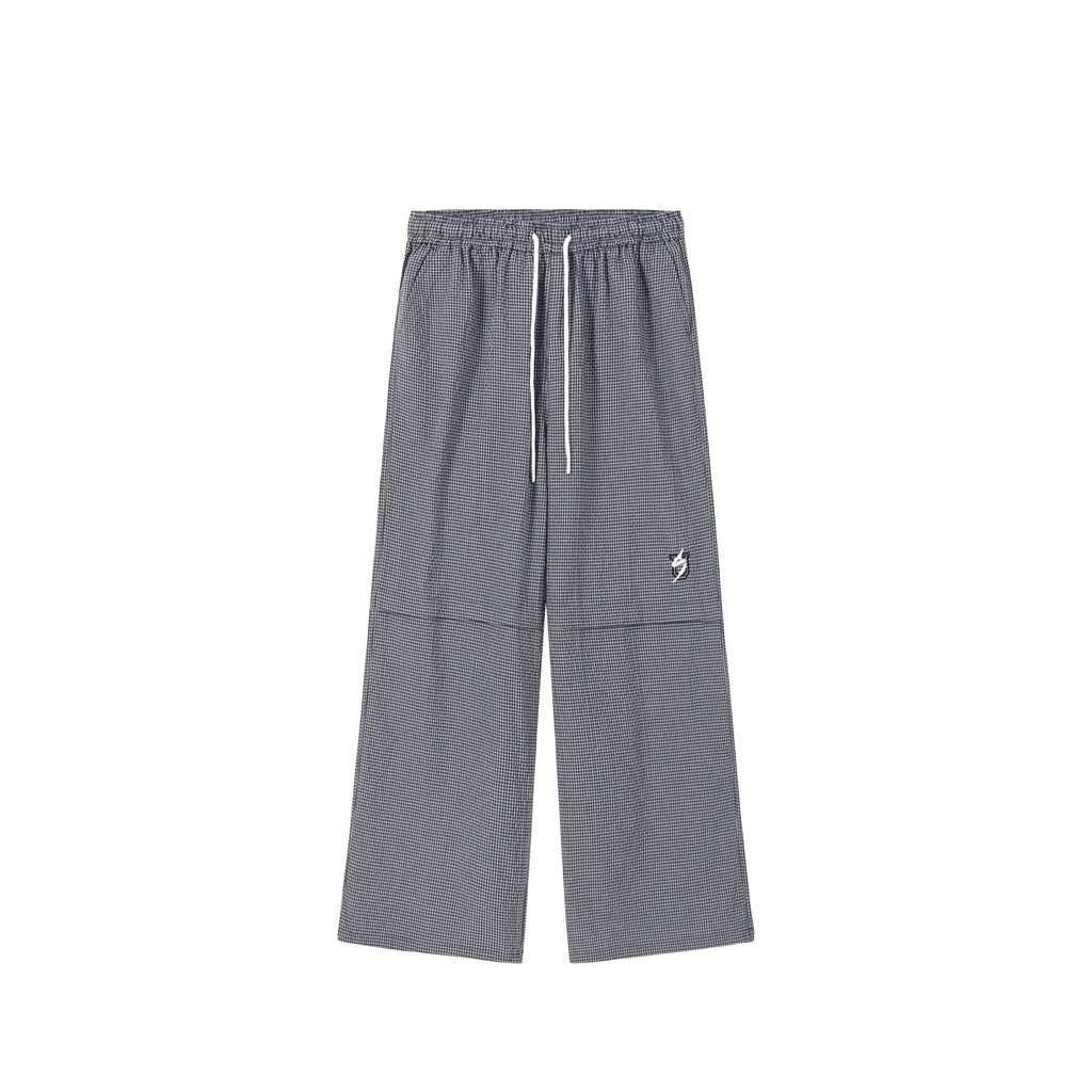 UNITED STREETZ Two-Tone Embroidered Plaid Waffle Straight-Leg Trousers