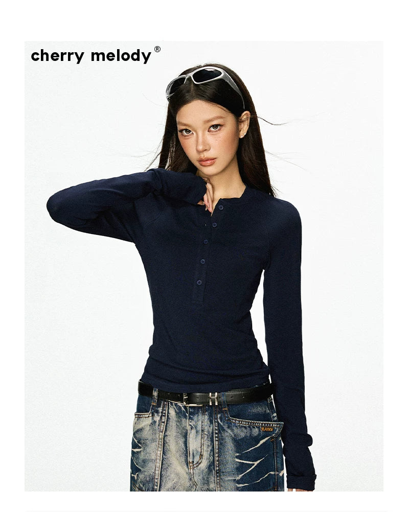Cherry Melody Henry Collar Button Versatile Primer Long Sleeve