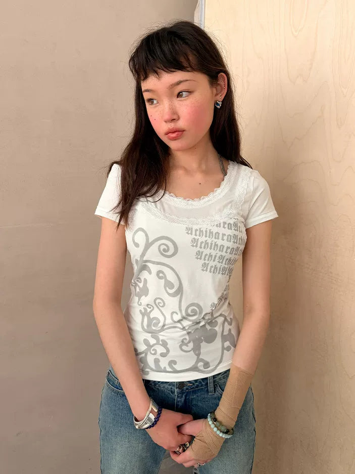 Achihara Peppermint Lace Fitted Cropped Tee