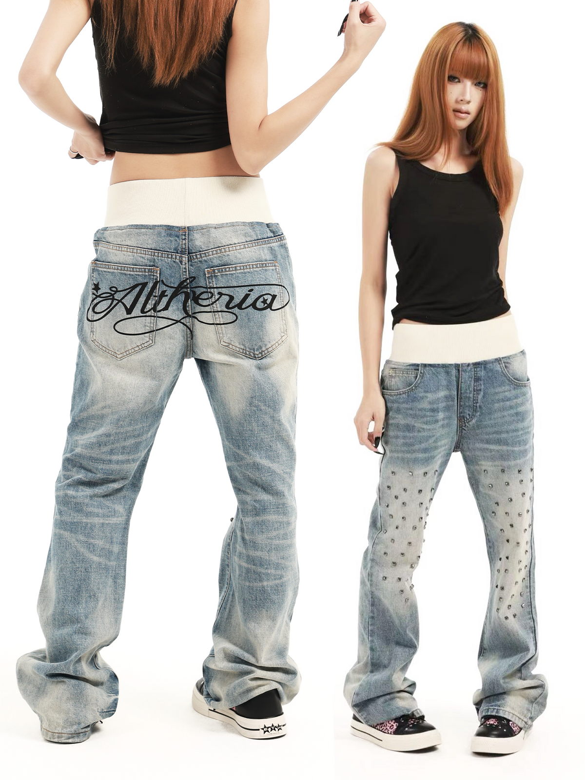 DETW Knitted Waistband Rivet Relaxed Wide-Leg Jeans