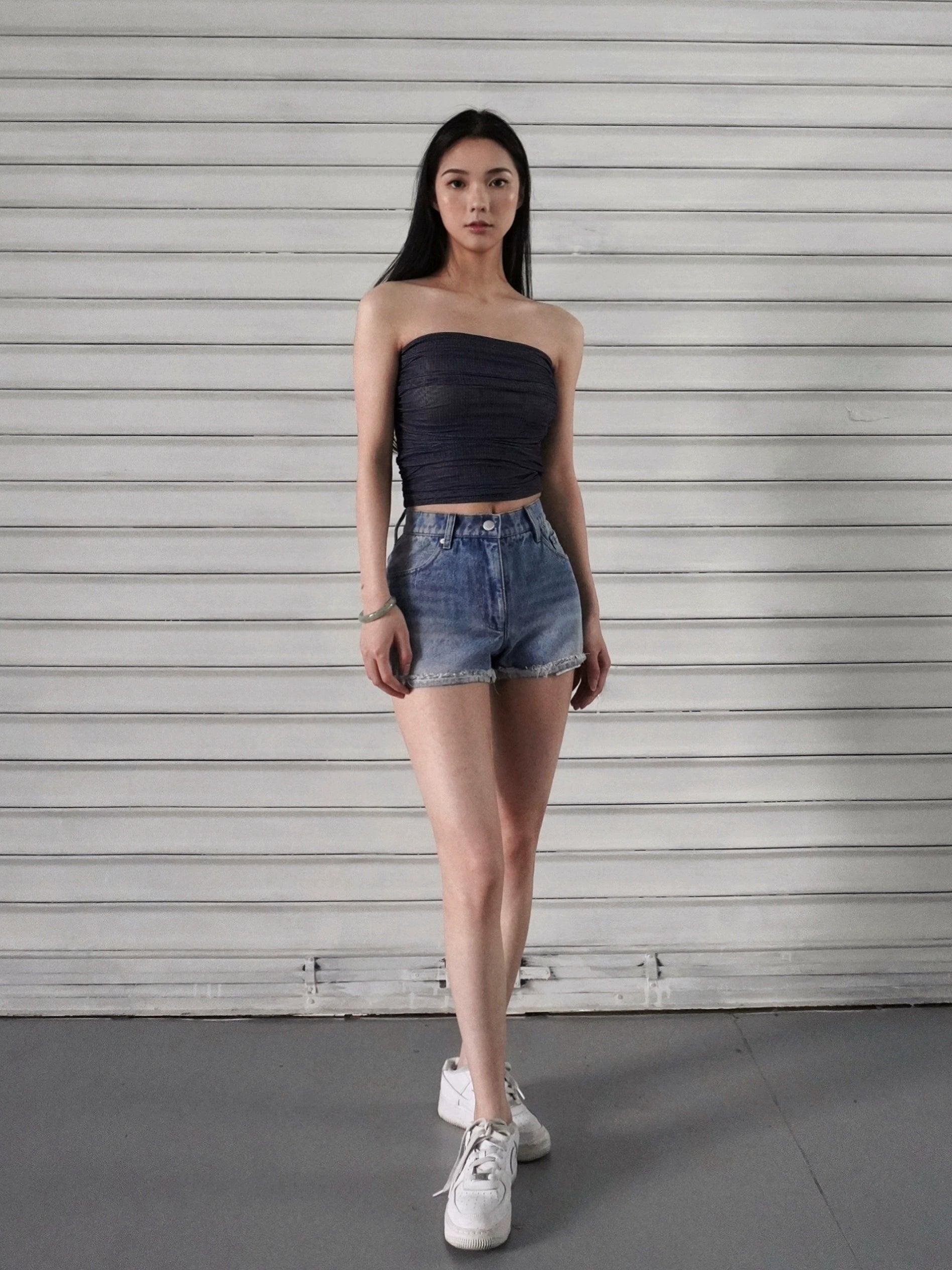 Jim Kennet Plaid Mesh Creased Short Tube Top
