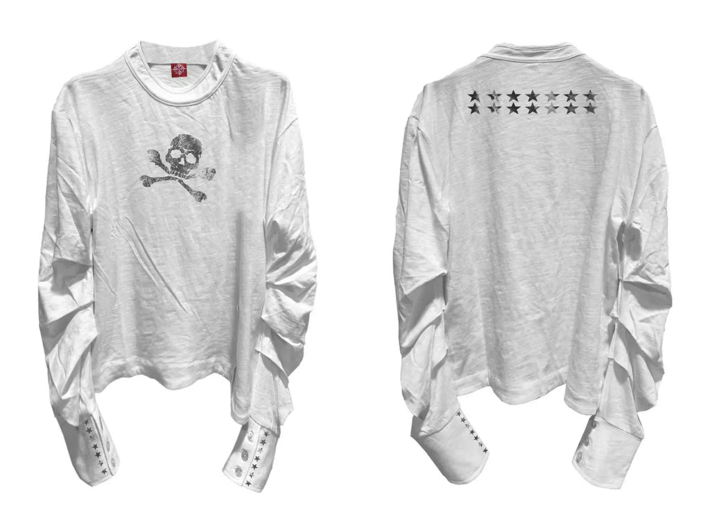 DETW 24AW Original * Skull Slightly Transparent Double Neckline Bamboo Cotton Scimitar pleated Tee