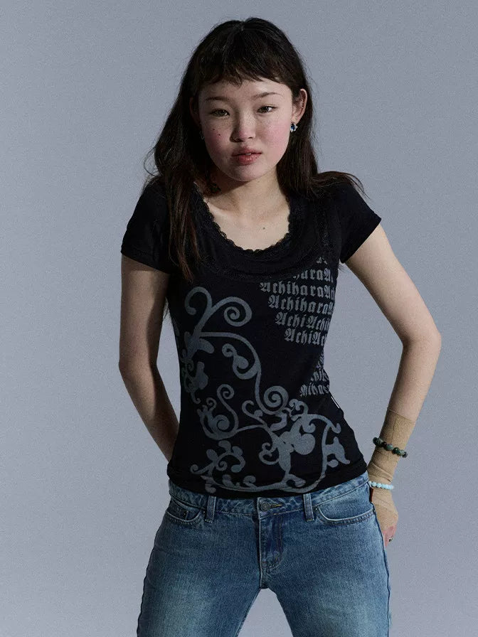 Achihara Peppermint Lace Fitted Cropped Tee